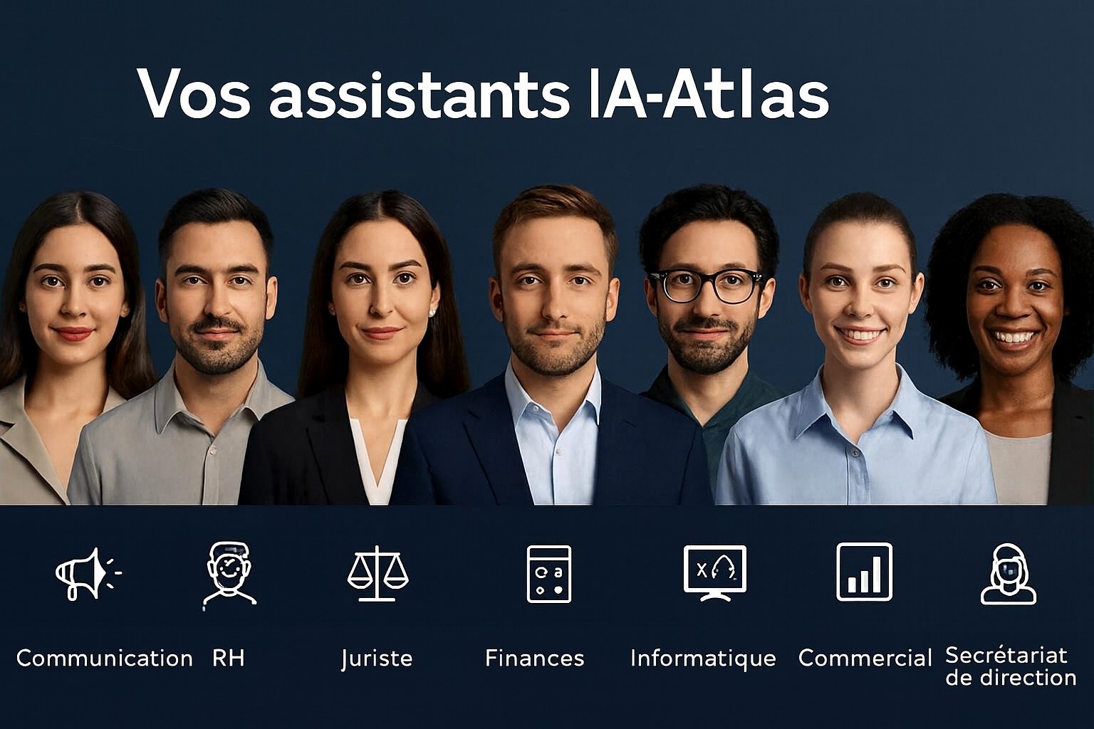 Équipe de 7 assistants virtuels IA-Atlas : communication, RH, juridique, finances, informatique, commercial et secrétariat de direction